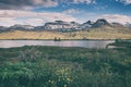 Beautiful summer landscape, sunset over the mountains and flowering valley, Iceland countryside Royalty Free Stock Photo