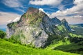 Beautiful summer landscape of Switzerland with Grosser Mythen mountain and green meadows, Ibergeregg, Switzerland, Europe