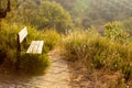 Beautiful summer landscape of Toscana, Italy with many mediterranean plants and bench for site seeing and to get rest.