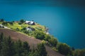 Beautiful summer landscape, traditional Norwegian houses on the fjord. View from above. Travels to Norway and the Scandinavian Royalty Free Stock Photo