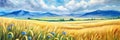 Beautiful summer landscape with wheat field and blue cornflowers. Digital panoramic painting. Generative AI