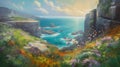 Beautiful summer landscape with wildflowers on the cliff. Digital painting.