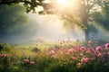 Beautiful summer meadow with pink flowers, sun rays and fog, A tranquil springtime meadow in the early morning covered in dew and Royalty Free Stock Photo