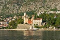 Beautiful summer Mediterranean landscape. Montenegro, Bay of Kotor. View of Dobrota town and Catholic Church of St. Matthew