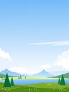 Beautiful summer mountain landscape with a lake. Spring fields and meadows with a river. Illustration for the design of tourism, Royalty Free Stock Photo