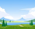 Beautiful summer mountain landscape with a lake. Spring fields and meadows with a river. Illustration for the design of Royalty Free Stock Photo