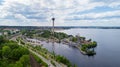 Beautiful summer panorama of Tampere city at summer day. Lakeside amusement park