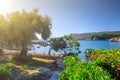Beautiful summer panoramic seascape. View of the cliff into the sea bay with crystal clear azure water in sunshine daylight. An