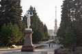 Beautiful summer park with woman statue holding small sail boat at `Rechnoy vokzal` river station