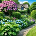 Beautiful summer private garden with many flowers and nature english countryside cottage style