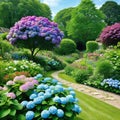 Beautiful summer private garden with many flowers and nature english countryside cottage style