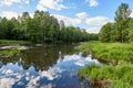 Beautiful summer river at sunny day with clouds reflection in the water Royalty Free Stock Photo