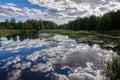 Beautiful summer river at sunny day with clouds reflection in the water Royalty Free Stock Photo