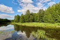 Beautiful summer river at sunny day with clouds reflection in the water Royalty Free Stock Photo