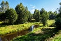 Beautiful summer river at sunny day with clouds reflection in the water Royalty Free Stock Photo