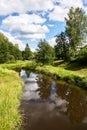 Beautiful summer river at sunny day with clouds reflection in the water Royalty Free Stock Photo