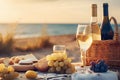 Bottles of red and white wine, baguete, cheese, grapes and fresh fruits on blurred seascape Royalty Free Stock Photo