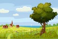 Beautiful summer rural landscape, farm, meadow, flowers, tree, sea, vector, cartoon style, illustration isolated Royalty Free Stock Photo