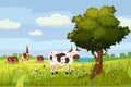 Beautiful summer rural landscape, farm, meadow, flowers, tree, sea, vector, cartoon style, illustration isolated Royalty Free Stock Photo