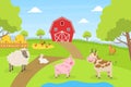 Beautiful Summer Rural Landscape with Green Field, Red Barn, Farm Animals, Cow, Pig, Sheep, Rabbit Cartoon Vector