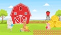 Beautiful Summer Rural Landscape with Green Field, Red Barn and Farm Humanized Animals Reading Books Cartoon Vector