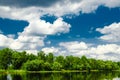 Beautiful summer rural landscape with river and clouds on the blue sky. Russia. Ural. Village Sloboda Royalty Free Stock Photo