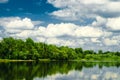 Beautiful summer rural landscape with river and clouds on the blue sky. Russia. Ural. Village Sloboda Royalty Free Stock Photo