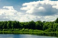 Beautiful summer rural landscape with river and clouds on the blue sky. Russia. Ural. Village Sloboda Royalty Free Stock Photo