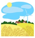 Beautiful summer rural landscape, wheat field and village farm with windmill, countryside, outside, sunny day with