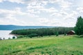 Beautiful summer Russian landscape - a small wooden house on the edge of the forest on the bank of the Siberian river