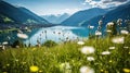 Beautiful summer scene with a flower field, snow capped mountains, and a blue lake. Generative AI