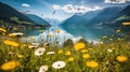 Beautiful summer scene with a flower field, snow capped mountains, and a blue lake. Generative AI