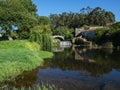 Beautiful summer scene over river with old Roman stone bridge and willow tree.