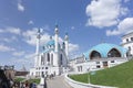 Beautiful summer scene of quol sarif mosque complex knowed as kazan kremlin with tourist and blue sky
