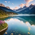 Beautiful summer scenery. Charming morning view of Fedaia lake. Stunning summer scene of Dolomiti Alps, Gran Poz