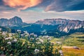 Exciting sunrise with Sassolungo and Sella mountains in Dolomites National Park, South Tyrol, Italy,