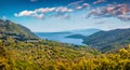 Beautiful summer scenery. Panoramic morning view of Vasiliki town valley, Lefkada, Greece, Europe Royalty Free Stock Photo