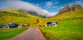 Beautiful summer scenery. Panoramic summer view of Sydradalur village, Streymoy island Royalty Free Stock Photo