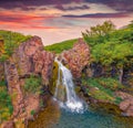 Beautiful summer scenery. Sunset on Hundafoss waterfall. Royalty Free Stock Photo