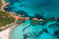 Beautiful summer seascape from air. Turquoise sea water with sand beach and rocks Travel background Royalty Free Stock Photo