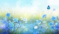 Beautiful summer or spring meadow with blue flowers of forget-me-nots and two flying butterflies. Wild nature landscape Royalty Free Stock Photo