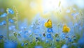 Beautiful summer or spring meadow with blue flowers of forget-me-nots and two flying butterflies. Wild nature landscape Royalty Free Stock Photo