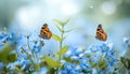 Beautiful summer or spring meadow with blue flowers of forget-me-nots and two flying butterflies. Wild nature landscape Royalty Free Stock Photo