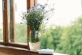 A bouquet of cornflowers and a book on the windowsill in a cozy home.