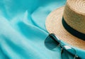 Beautiful summer straw hats and sunglasses. Yellow and blue summer vacation background. Created with generative Ai Royalty Free Stock Photo