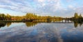 Beautiful summer sunny landscape, lake view with reflection of a blue sky with clouds, forest background Royalty Free Stock Photo