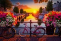 Beautiful summer sunrise on the famous UNESCO world heritage canals of Amsterdam, Generate Ai. Royalty Free Stock Photo