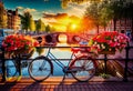 Beautiful summer sunrise on the famous UNESCO world heritage canals of Amsterdam, Generate Ai. Royalty Free Stock Photo