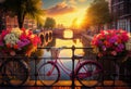 Beautiful summer sunrise on the famous UNESCO world heritage canals of Amsterdam, Generate Ai. Royalty Free Stock Photo