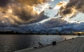 Beautiful Summer Sunset With Amazing Sky Over River. Colorful cloudscape. Traveling in Europe.